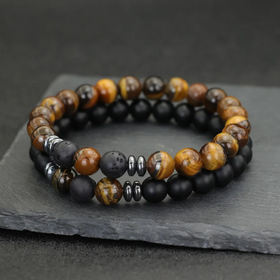 10 Styles 2Pcs Men Bracelet Set 8mm Tiger Eyes Malachite Obsidian Hematite Stone Positive Energy Healing Strand Braslet Homme