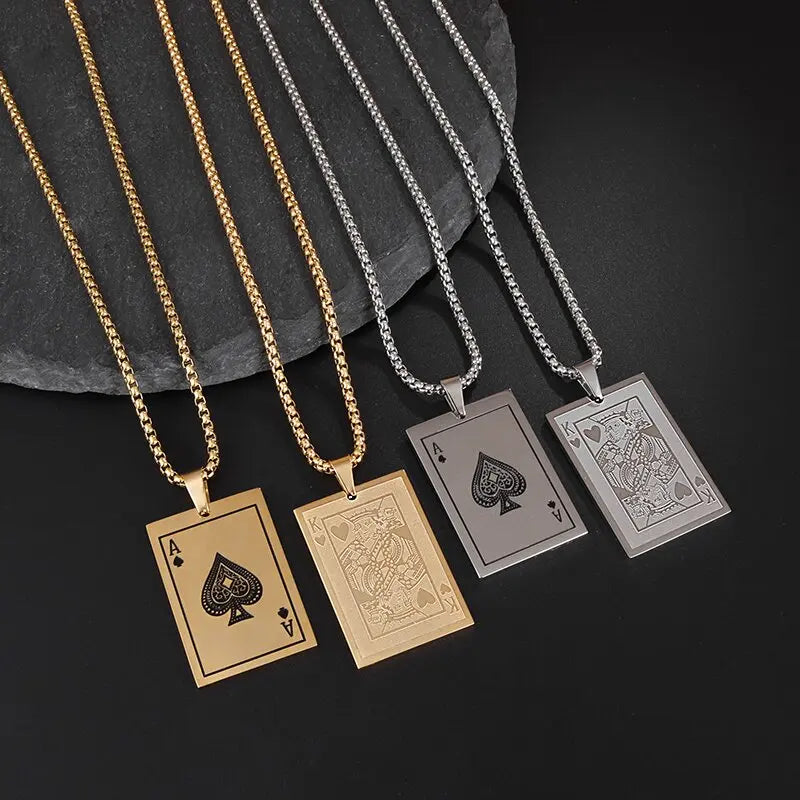 Lucky Ace & King Poker Card Pendant Necklace — Stainless Steel