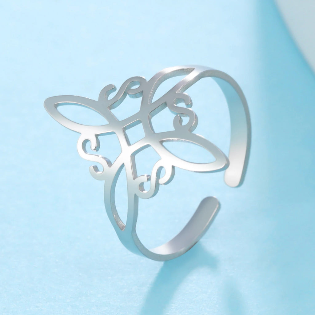 LIKGREAT Hollow Trinity Witch Knot Adjustable Ring for Women Men Stainless Steel Celtics Knot Amulet Couple Jewelry BirthdayGift