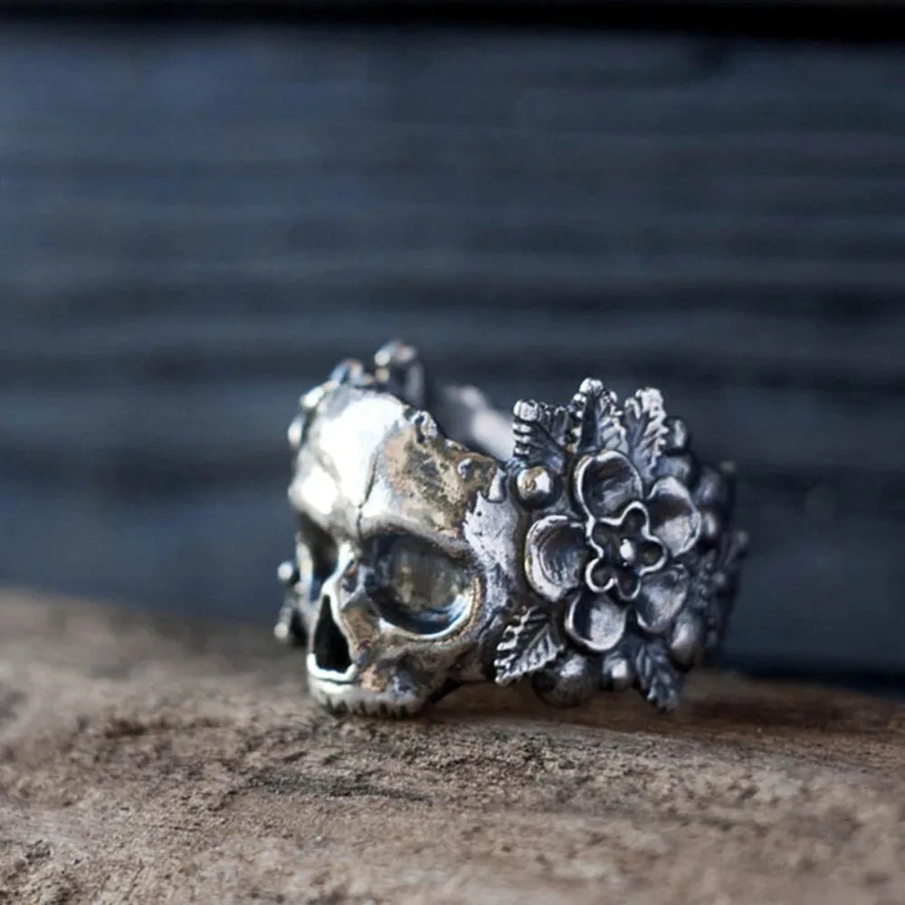 Sugar Skull Flower Ring for Men and Women — Gothic Statement Band