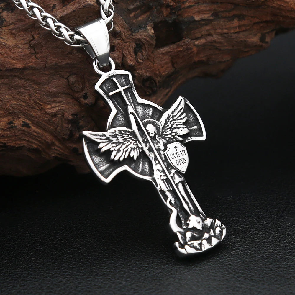 Archangel Wing Cross Stainless Steel Pendant Necklace