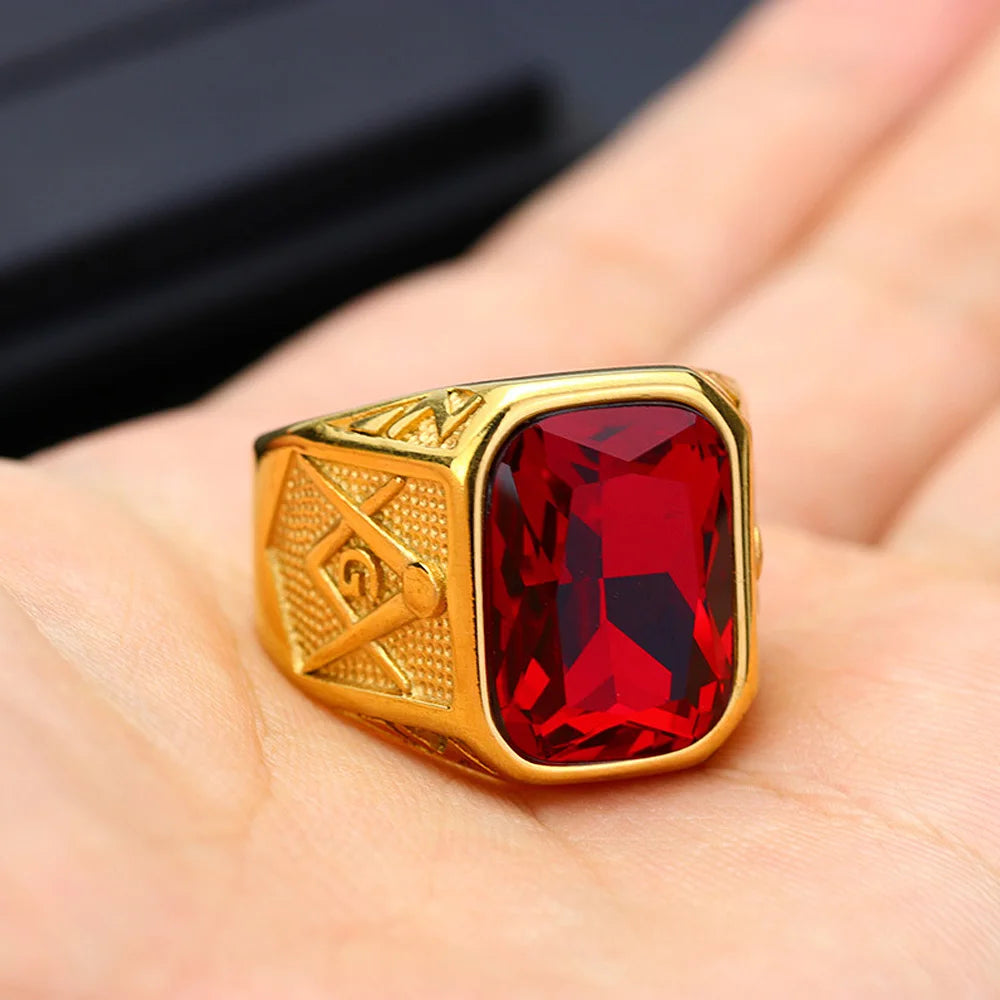 Square Stone Masonic Ring — Stainless Steel