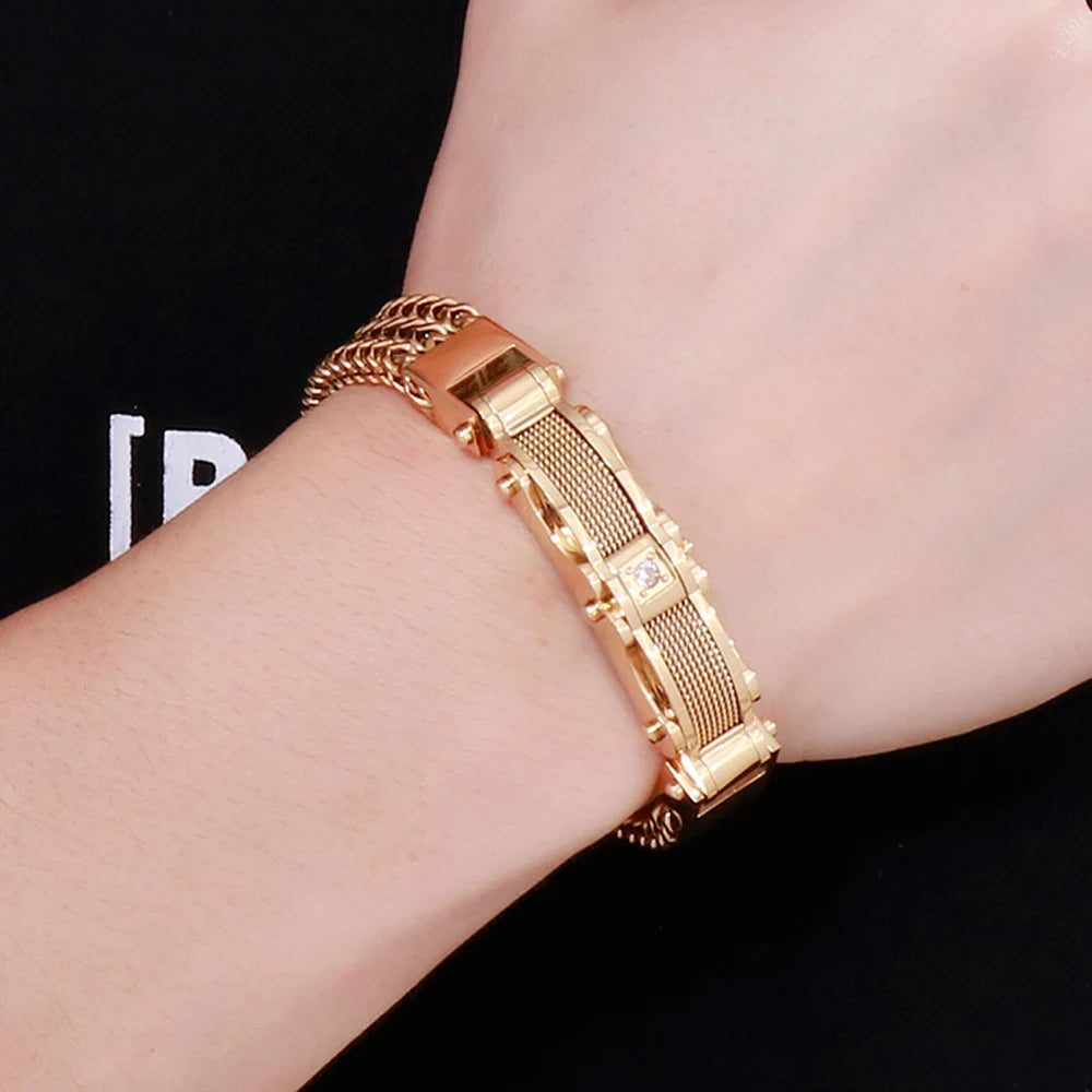 Classical Men Bracelet 12MM Width Black Gold Color Stainless Steel Men's Chain Bracelets With CZ Magnet Clasp 3 Size