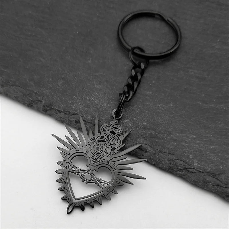Heart Key Steel Pendant Flaming Sacred Thorns