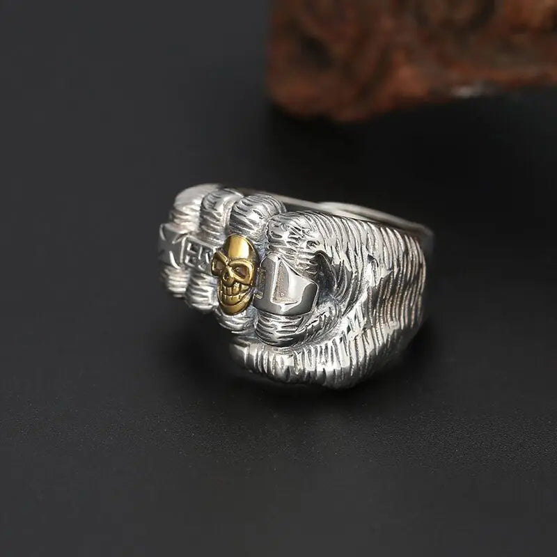 European Style Overbearing Exaggerated Retro Fist Skull 925 Sterling Silver Fashion Personality Opening Rings  TYB228