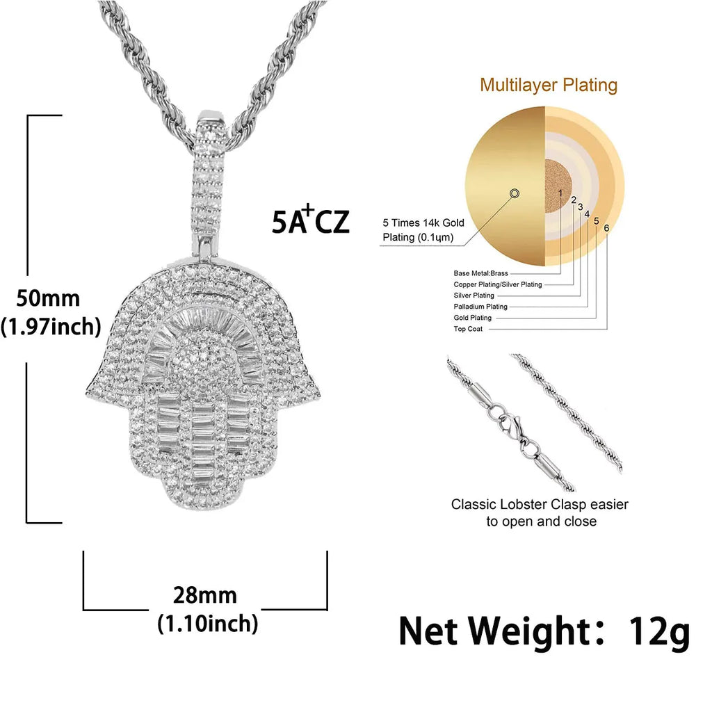 Iced Out Hamsa Hand of Fatima Pendant Necklace — Copper Alloy