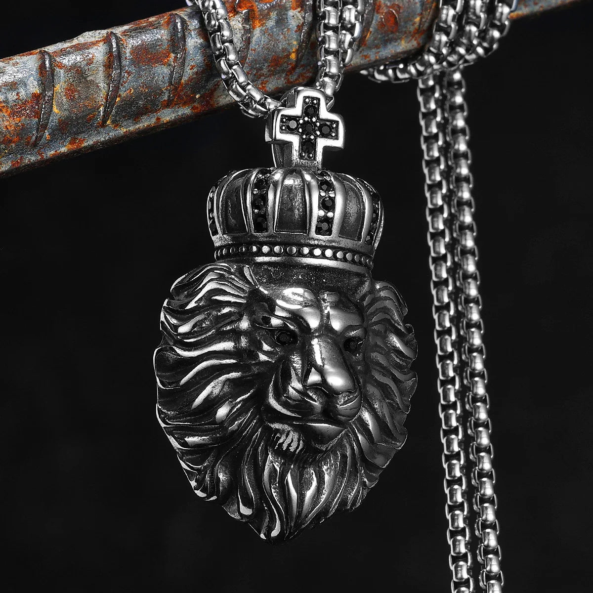 Crown Lion Head Pendant Necklace — Box Chain, Stainless Steel