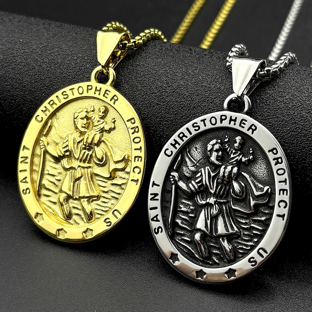 Saint Christopher Medal Pendant Necklace — Gold-Tone