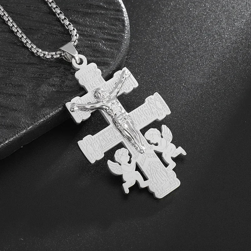 Vintage Christian Jesus Cross Stainless Steel Pendant Little Angel Prayer Necklace Men Women Faith Amulet Jewelry