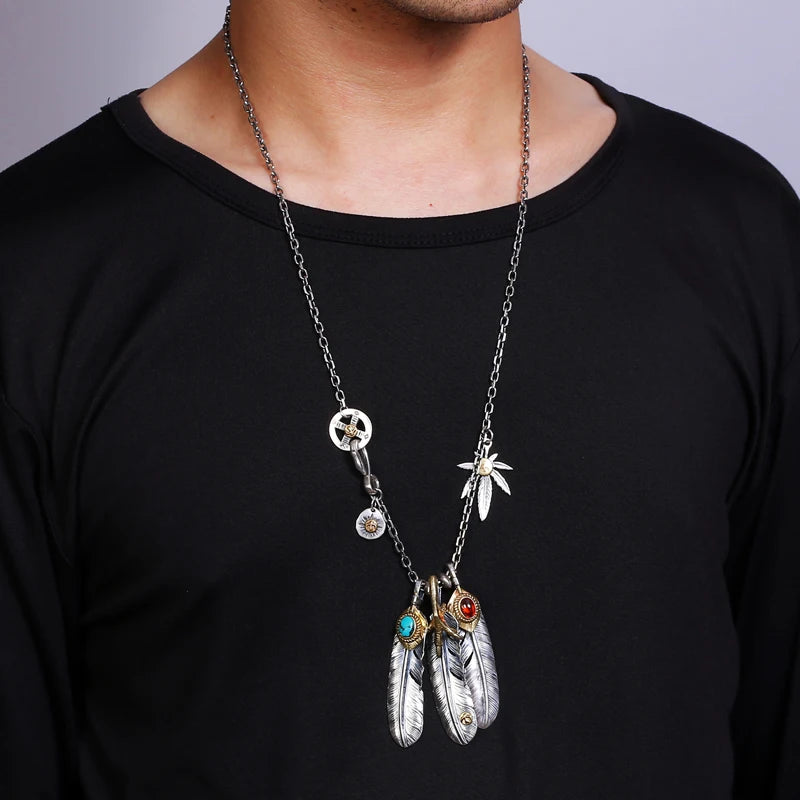 HX Silver Color Taiko Chain Set Chain Style Turquoise Feather Necklace Women's Sweater Chain Fashion Jewelry Accessories