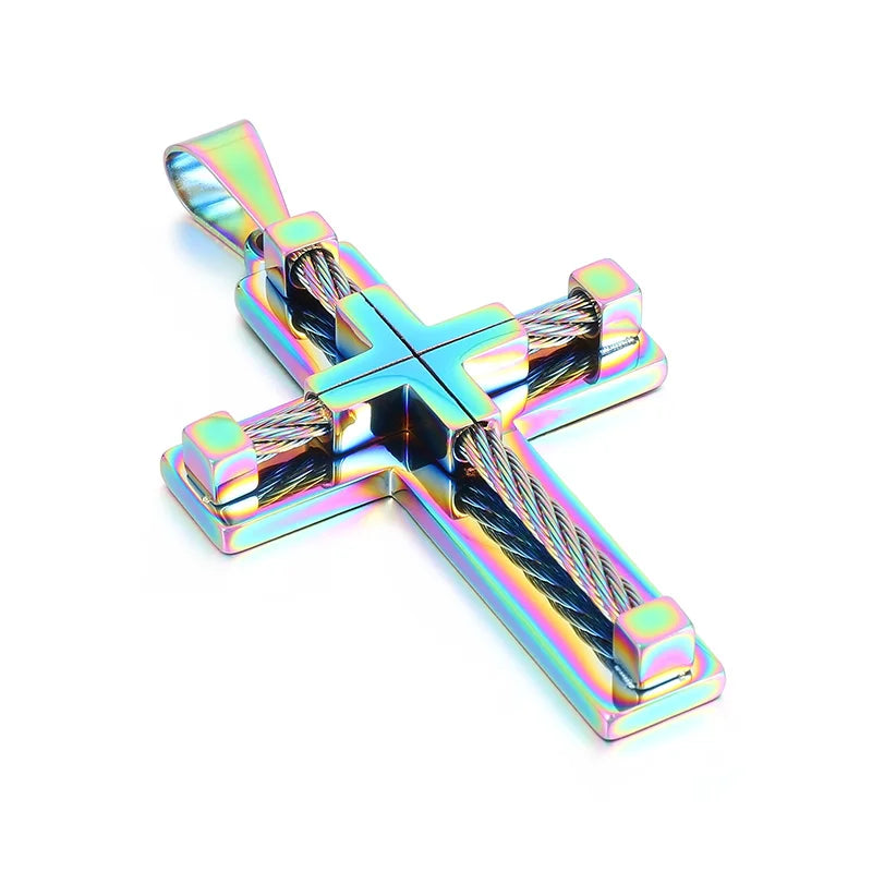 Fongten Stainless Steel Pendant Necklace for Men Multiple Color Cable Cross Twisted Link Chain Male Neck Christian
