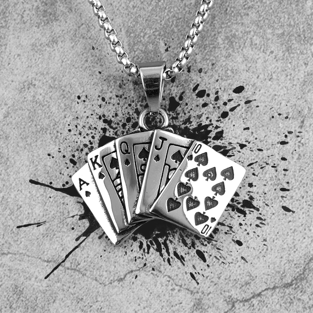 Flush Poker Gambling Long Men Necklaces Pendants Chain Punk for Boyfriend Male Stainless Steel Jewelry Creativity Gift