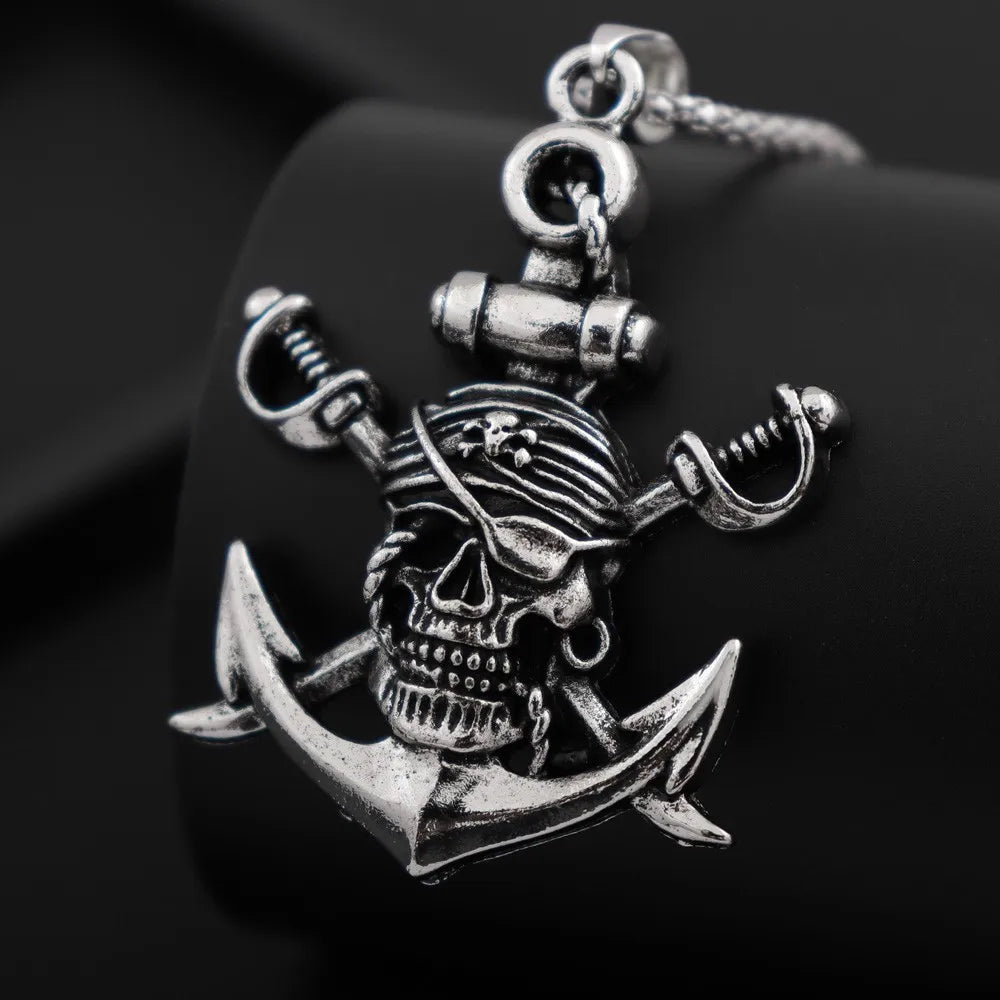 Vintage Japanese Double Swords Pirate Skull Pendant Necklace for Men Hip-Hop Pirate Boat Flag Logo Pendant Neck Chain