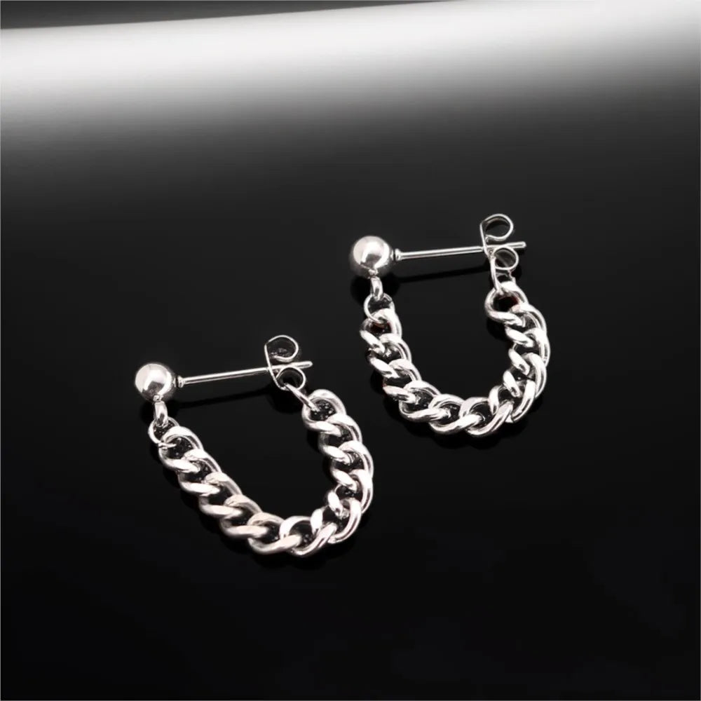 Black Steel Chain Stud Earrings Minimal
