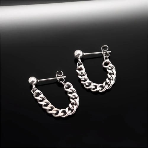 Black Steel Chain Stud Earrings Minimal