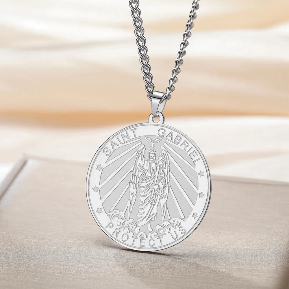 Dawapara Archangel Gabriel Pendant Necklace Double Side Carved Spiritual Protection Amulet Stainless Steel Jewelry