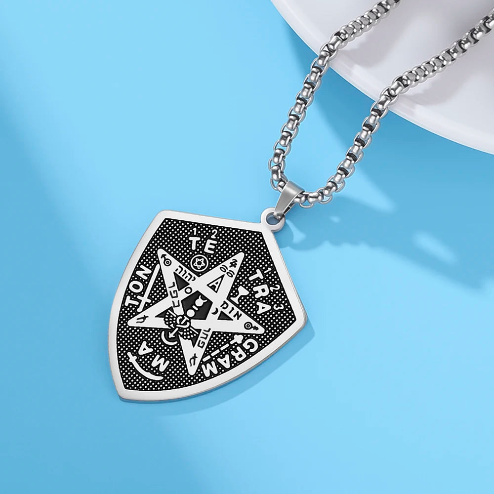 Tetragrammaton Shield Men Necklace Pentagram Protection Amulet Magical Healing Symbol Stainless Steel Wiccan Jewelry