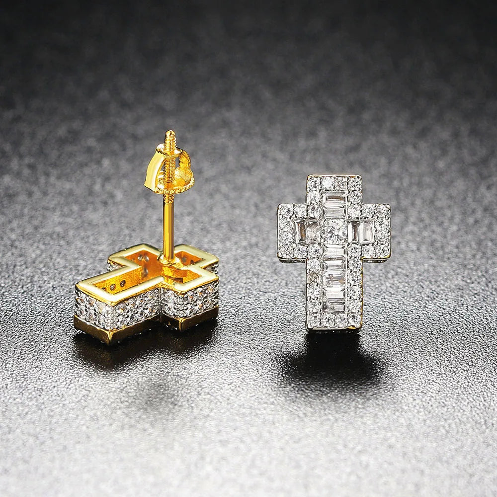 Iced Out Cross Stud Earrings — Gold