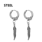 Feather Dangle Huggie Hoop Earrings for Men — Stainless Steel