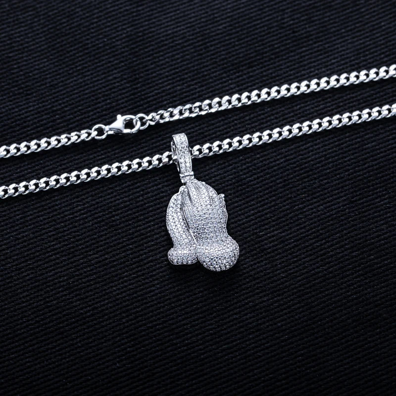 Iced Out Praying Hand Pendant — 925 Silver