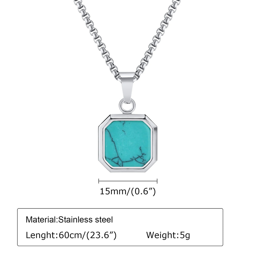 Fashion High Quality Natural Stone Square Pendant Stainless Steel Long Chain Necklace Trendy Simple Popular Jewelry for Men Gift