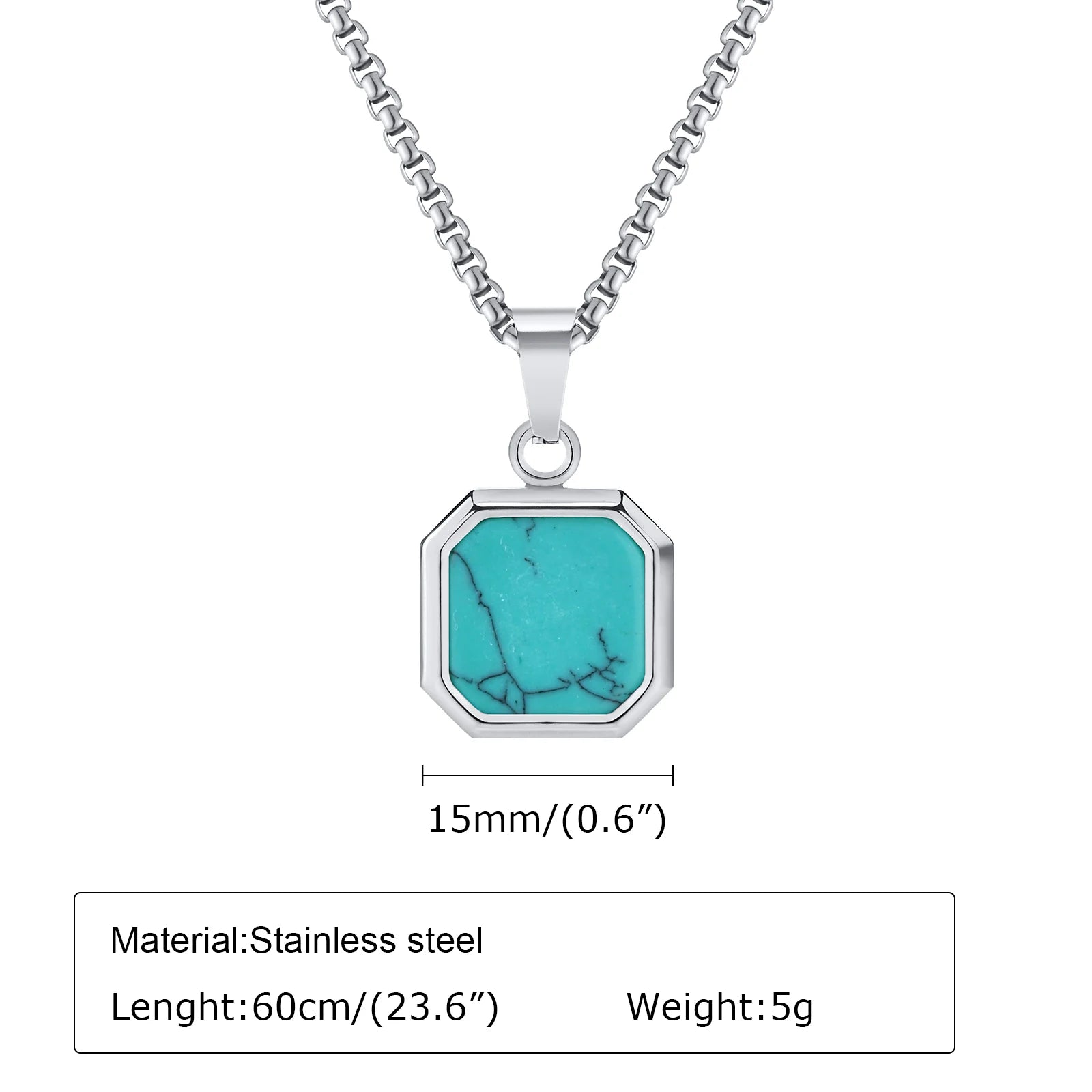 Fashion High Quality Natural Stone Square Pendant Stainless Steel Long Chain Necklace Trendy Simple Popular Jewelry for Men Gift