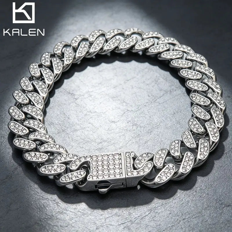 11mm full Rhinestone Miami Chain Bracelet for Men Rock Thick Cuban Chain Stainless Steel Punk Biker Jewelry Gifts