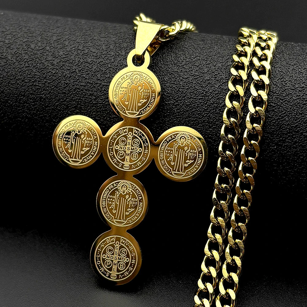 Saint Benedict Cross Pendant Necklace — Gold-Tone