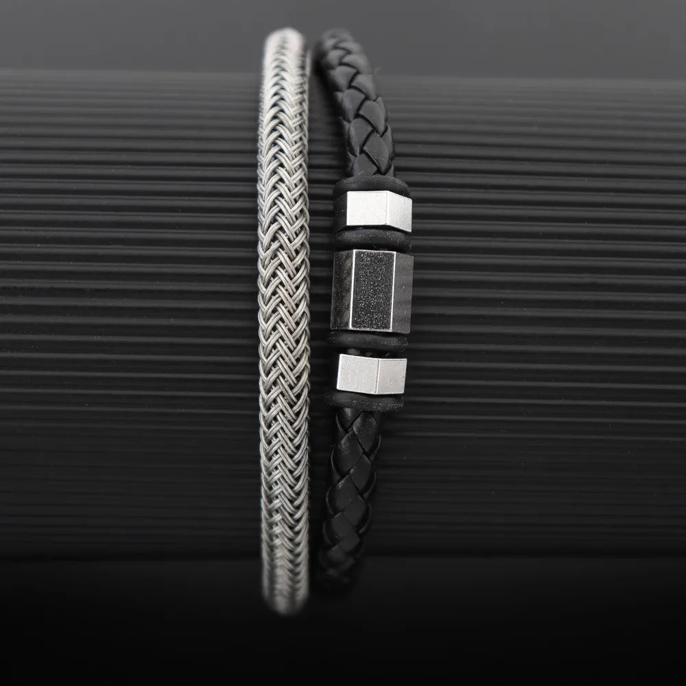 Simple Braided Wire Bracelet for Men — Black and White Color