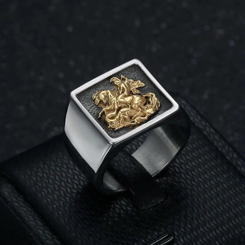 Men's Stainless Steel Vacuum Gold-Plated Saint George Dragon Slayer Knight Ring - Classic Armor Design