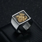 Men's Stainless Steel Vacuum Gold-Plated Saint George Dragon Slayer Knight Ring - Classic Armor Design