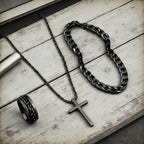 Black Cross Cuban Chain Necklace Ring Bracelet Set