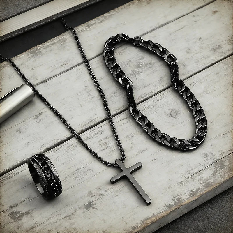 Black Cross Cuban Chain Necklace Ring Bracelet Set