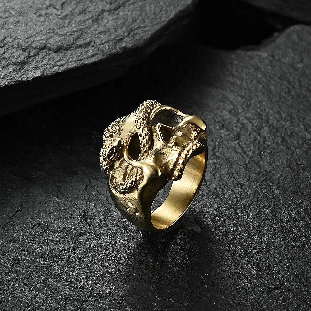 Gothic 316L Stainless Steel Skull Snake Ring For Men Punk Hip Hop Steel/Gold Color Skull Rings Fashion Jewelry Gift Wholesale