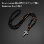 New Cool Rosary Cross Black Round Beads Tiger Eye Stone Cross Pendent Black Cross Pendant Matte Long for Men and Women