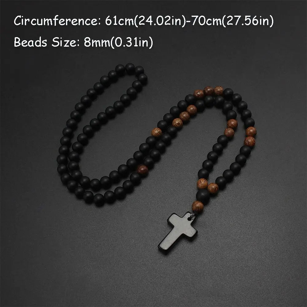 New Cool Rosary Cross Black Round Beads Tiger Eye Stone Cross Pendent Black Cross Pendant Matte Long for Men and Women