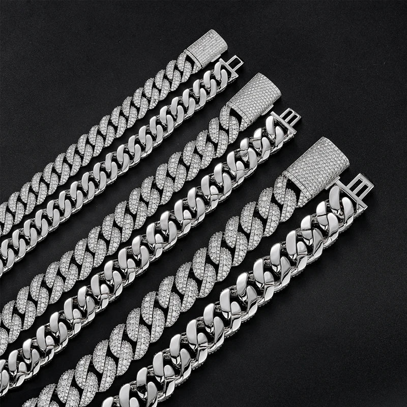 12mm 15mm 18mm Hip Hop 5A+ CZ Stone Pave Bling Ice Out Solid Bubble Round Cuban Miami Link Chain Necklace for Men