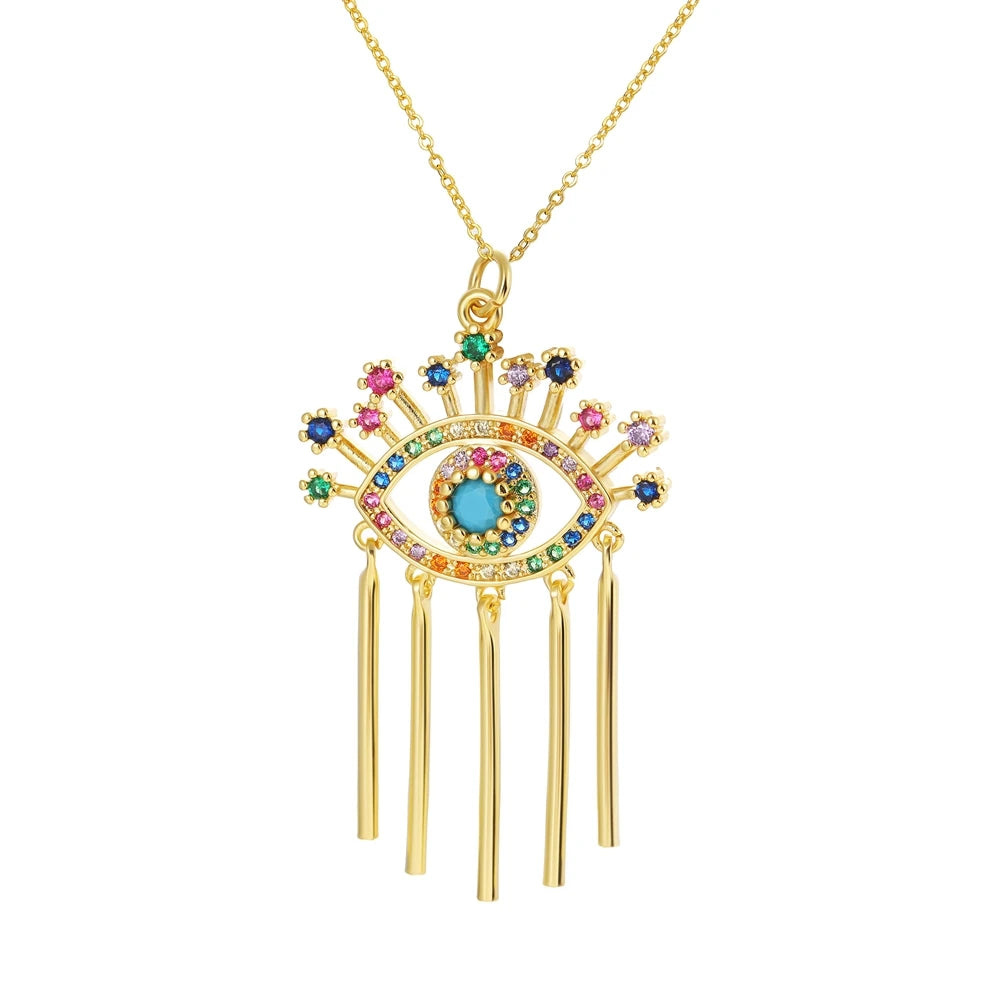 Iced Evil Eye Hamsa Pendant Necklace — Gold-Tone