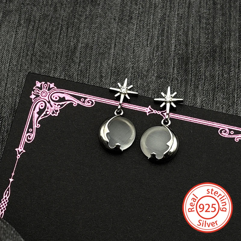 Star Moon Silver Earrings Sterling Zircon Starburst