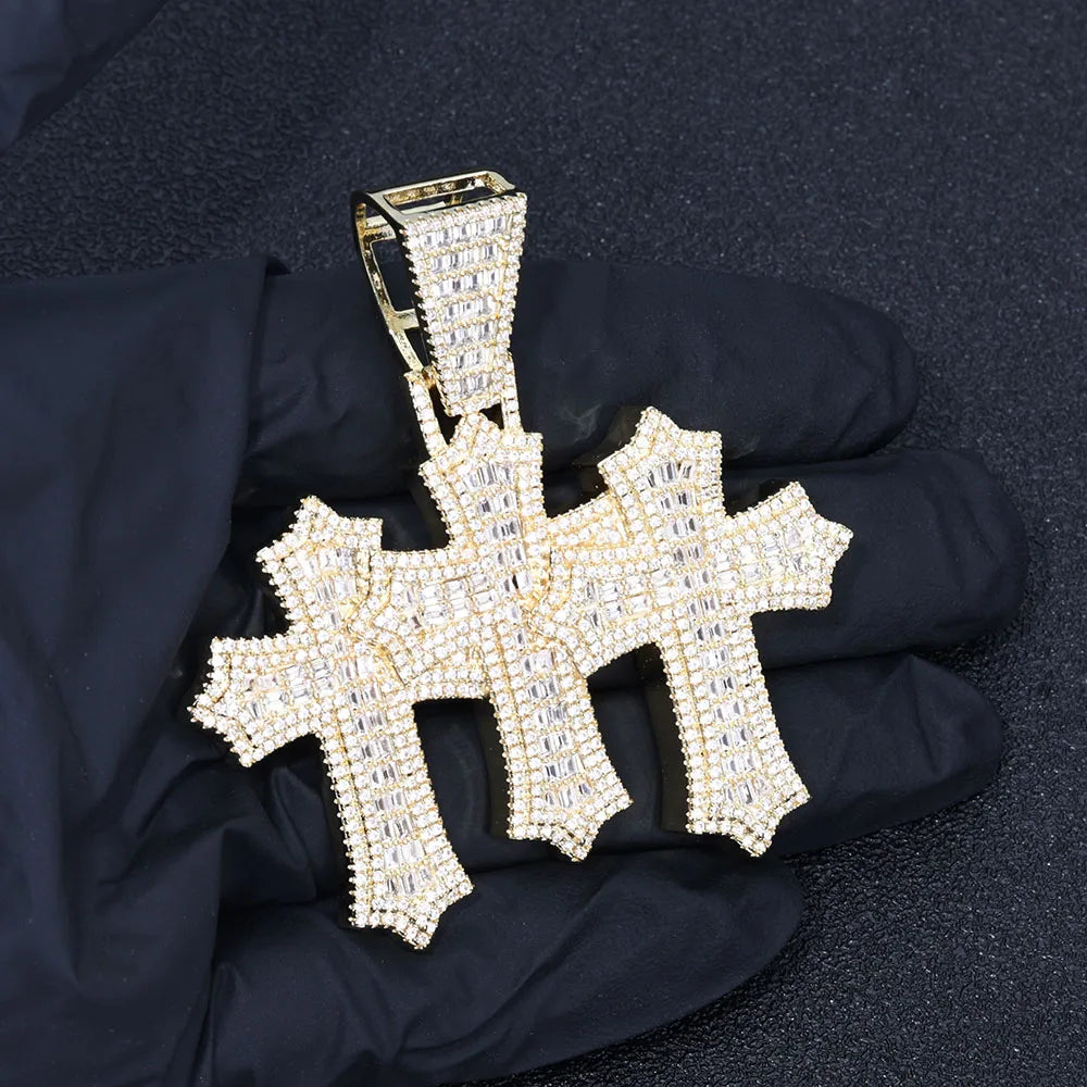 Two-Tone Cross Pendant Baguette Iced Out