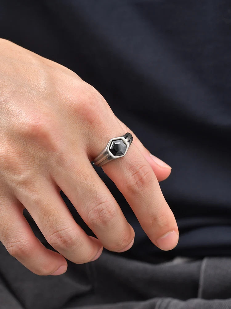 Punk Vintage Gray Stainless Steel Rings for Men Hexagon Black Zircon Ring Hip Hop Fashion Waterproof Finger Jewelry Party Gifts