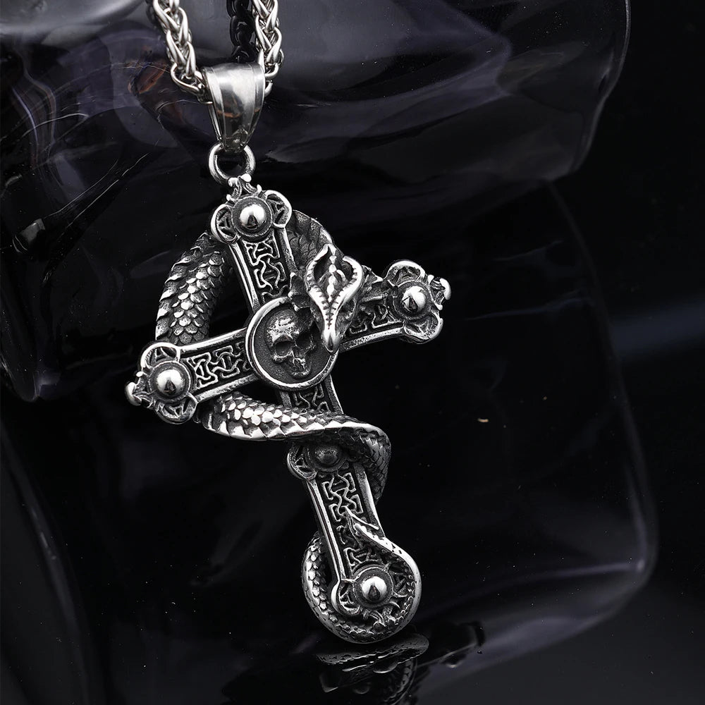 Gothic Skull Cross Dragon Pendant Necklace — Stainless Steel