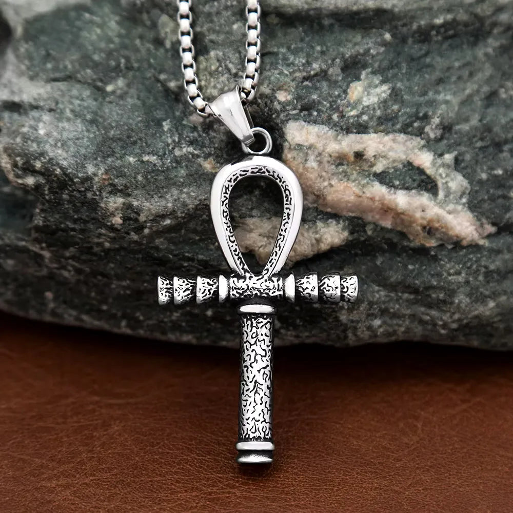 Antique Textured Egyptian Ankh Cross Pendant Necklace Stainless Steel Eye Of Horus Faith Amulet For Male Matching Trendy Jewelry