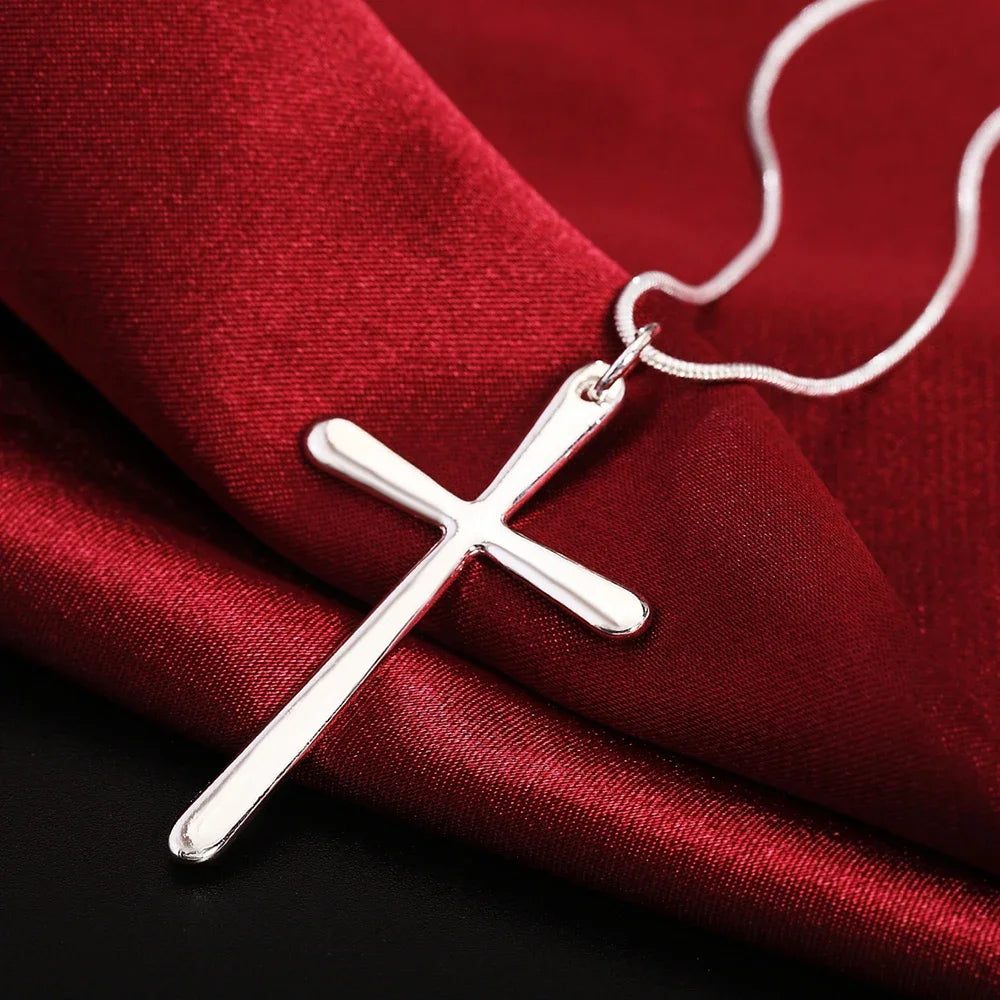 Silver Long Cross Pendant Necklace Women Men Fashion Wedding Engagement Jewelry Gift