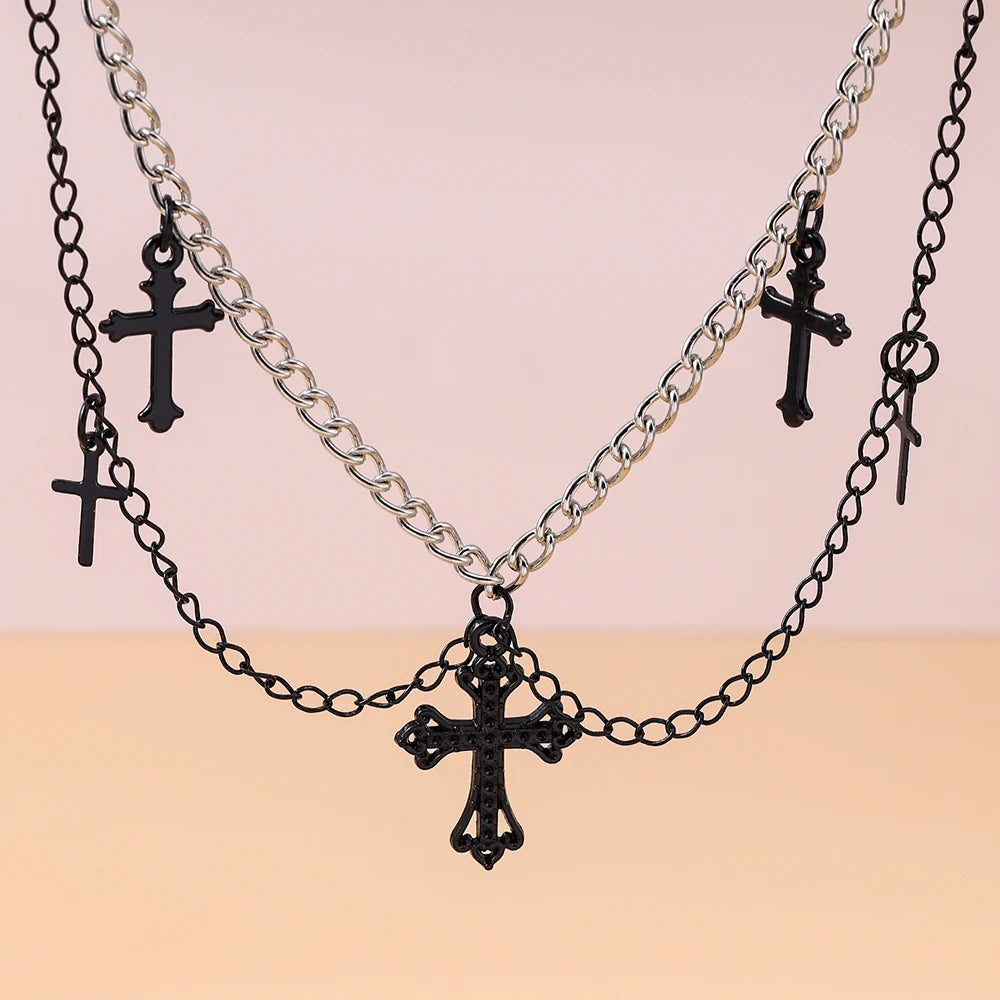 Gothic Black Cross Necklace for Women Men Metal Punk Choker Necklaces Handmade Party Jewelry Accessories