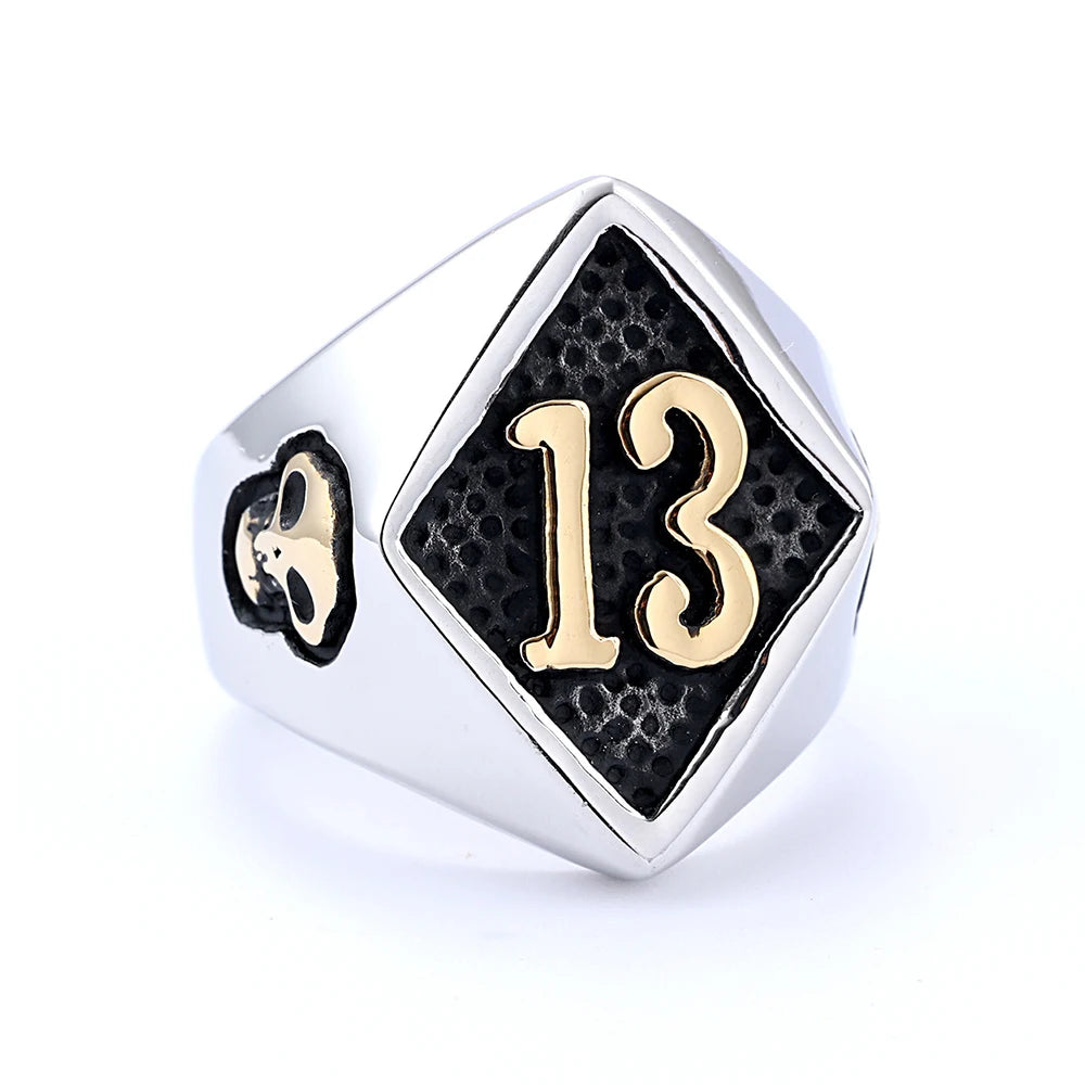 Lucky 13 & 7 Skull Biker Ring for Men — Stainless Steel