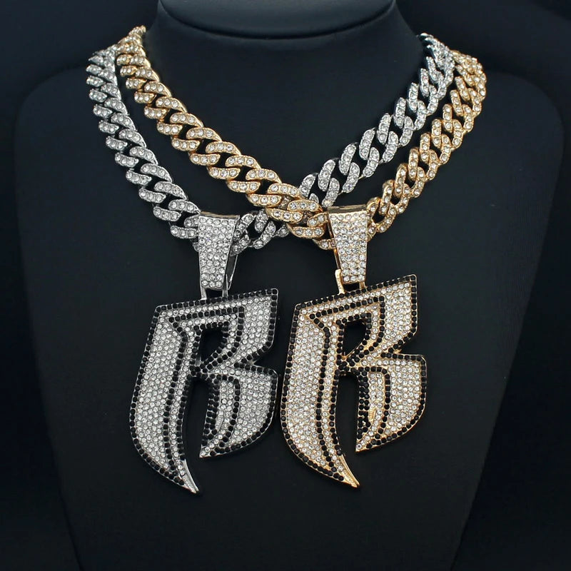 Hip Hop Big White Black Rhinestone Initial Letter B Pendant Necklace HipHop Iced Out Bling Necklaces Men Women Fashion