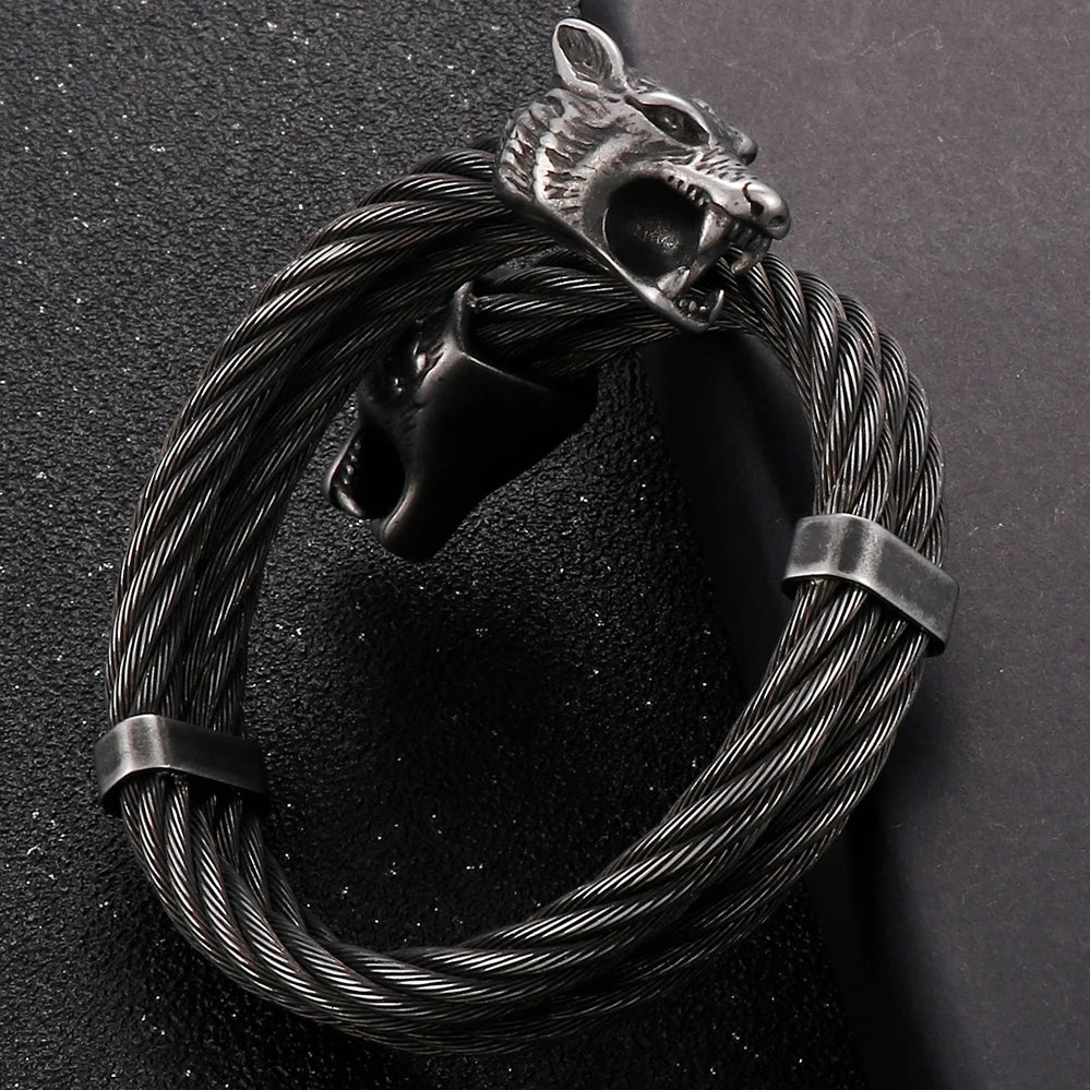 Retro Elastic Wolf Head Open Cuff Bangle Bracelet For Men 12MM Twist Chain Stainless Steel Men‘s Bracelets Rockers
