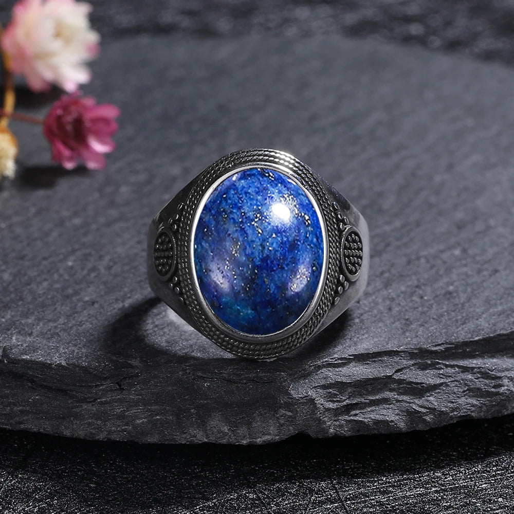 Silver Plated Rings Large Natural 10x14MM Black Agate Ring for Women Men Silver Party Jewelry Tiger Eye Turquoise Lapis