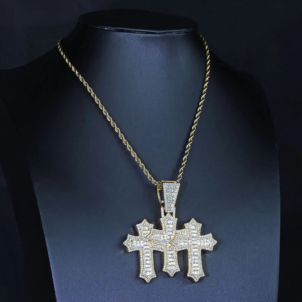 Two-Tone Cross Pendant Baguette Iced Out